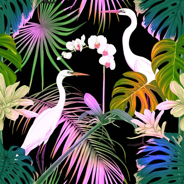 Nahtloses Muster Hintergrund Mit Tropischen Pflanzen Und Blumen Mit Weißen — Stockvektor