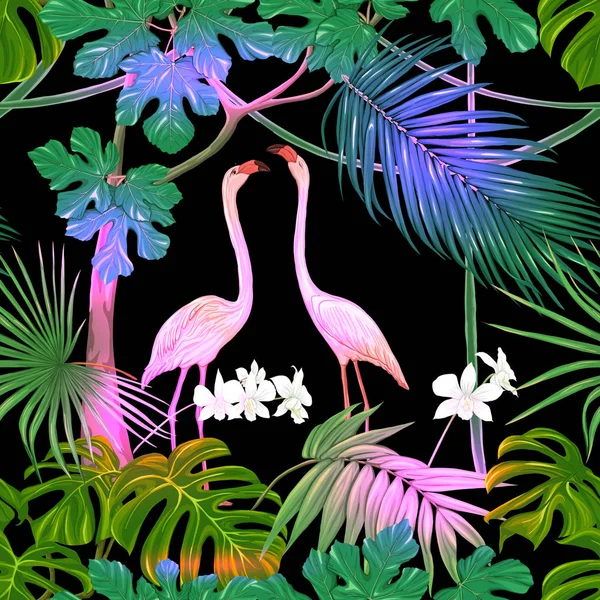 Dikişsiz desen, arka plan. tropikal bitki ve çiçeklerle beyaz orkide ve tropikal kuşlar. Neon, siyah adam floresan renkler renkli vektör çizim