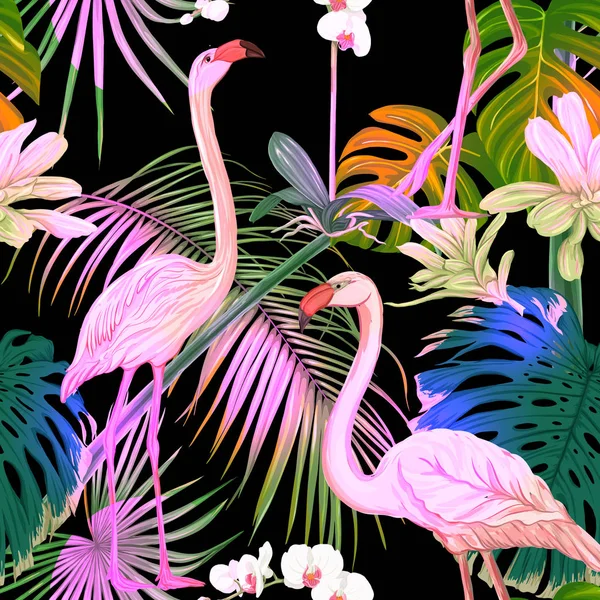 Seamless pattern, background. with tropical plants and flowers with white orchid and tropical birds. Colored vector illustration in neon, fluorescent colors on black backgroun