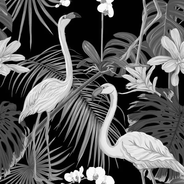 Seamless Pattern Background Tropical Plants Flowers White Orchid Tropical Birds — Stock Vector