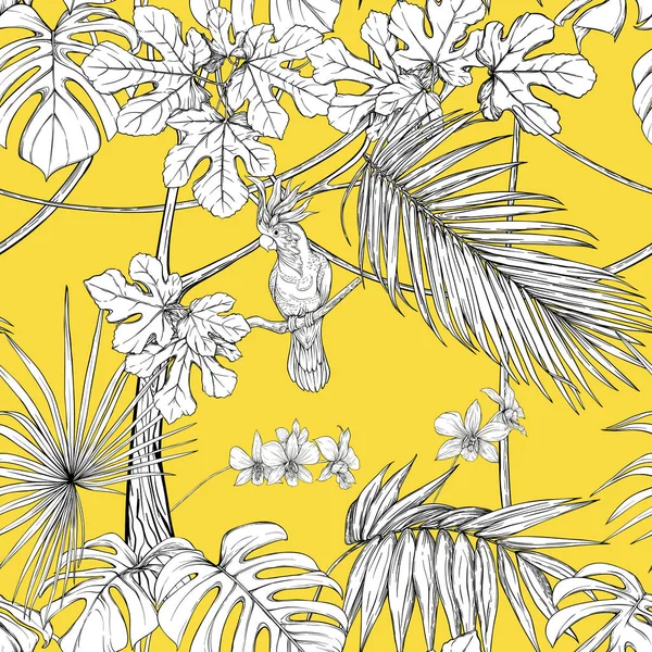 Dikişsiz Desen Arka Plan Tropikal Bitki Çiçeklerle Beyaz Orkide Tropikal — Stok Vektör