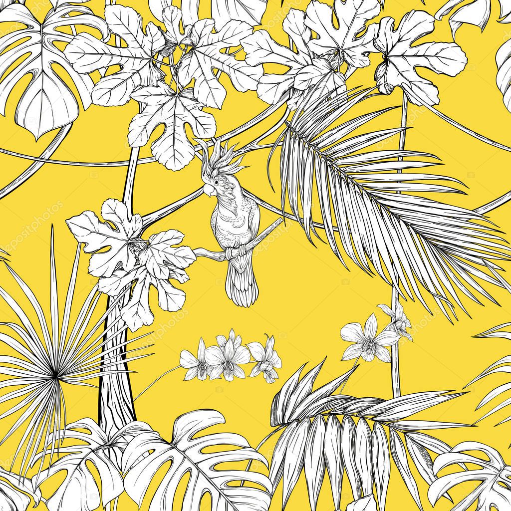 Seamless pattern, background. with tropical plants and flowers with white orchid and tropical birds. Graphic drawing, engraving style. vector illustration. Black and white on yellow background.