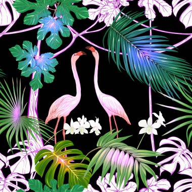 Dikişsiz desen, arka plan. tropikal bitki ve çiçeklerle beyaz orkide ve tropikal kuşlar neon, floresan renkler. Renkli ve anahat tasarımı. Vektör çizim siyah arka plan üzerine.