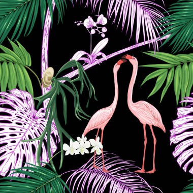 Dikişsiz desen, arka plan. tropikal bitki ve çiçeklerle beyaz orkide ve tropikal kuşlar neon, floresan renkler. Renkli ve anahat tasarımı. Vektör çizim siyah arka plan üzerine.