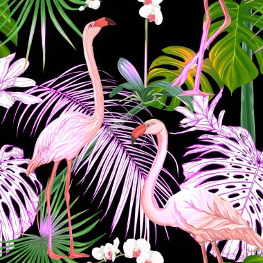Dikişsiz desen, arka plan. tropikal bitki ve çiçeklerle beyaz orkide ve tropikal kuşlar neon, floresan renkler. Renkli ve anahat tasarımı. Vektör çizim siyah arka plan üzerine.