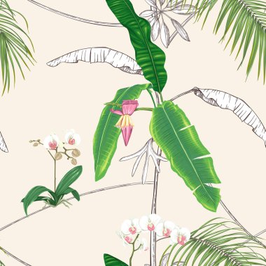 Tropik bitkiler ve beyaz orkide çiçekler. Dikişsiz desen, arka plan. Vektör çizim. Yumuşak sarı arka plan üzerinde. Renkli ve anahat tasarım. 