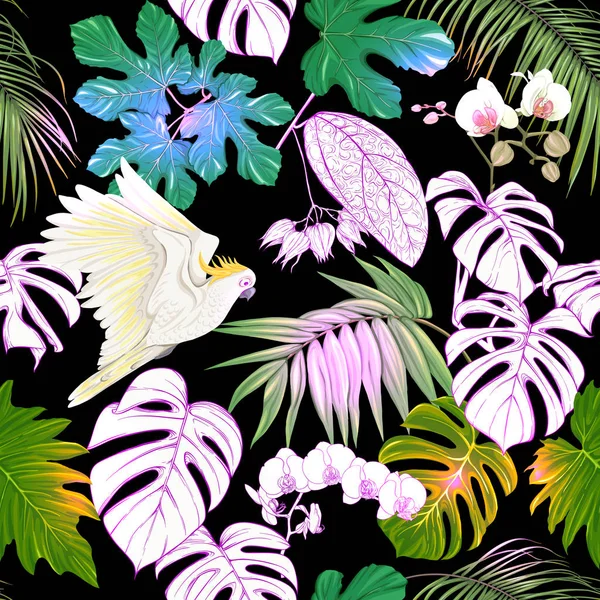 Безшовний Візерунок Фон Тропічними Рослинами Квітами Білою Орхідеєю Тропічними Птахами — стоковий вектор