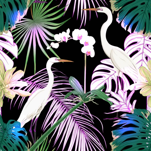 Patrón Sin Costuras Fondo Con Plantas Tropicales Flores Con Orquídeas — Vector de stock