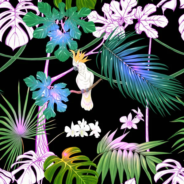 Modello Senza Cuciture Sfondo Con Piante Tropicali Fiori Con Orchidea — Vettoriale Stock