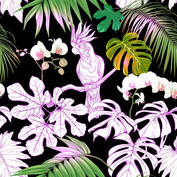 Seamless Pattern Background Tropical Plants Flowers White Orchid Tropical Birds — Stock Vector