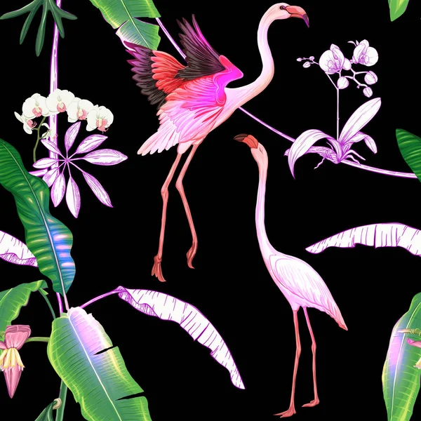 Seamless pattern, background. with tropical plants and flowers with white orchid and tropical birds in neon, fluorescent colors. Colored and outline design. Vector illustration on black background.