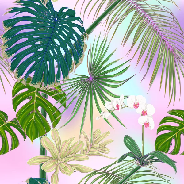 Tropical Plants White Orchid Flowers Seamless Pattern Background Colored Vector — Stock Vector