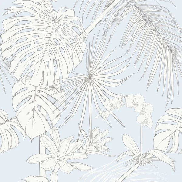 Tropik Bitkiler Beyaz Orkide Çiçekler Dikişsiz Desen Arka Plan Çizim — Stok Vektör