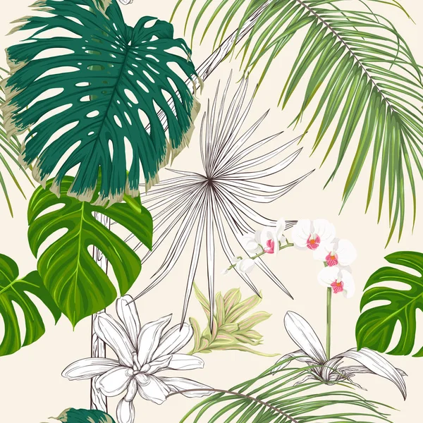 Plantas Tropicales Flores Orquídea Blanca Patrón Sin Costuras Fondo Ilustración — Vector de stock