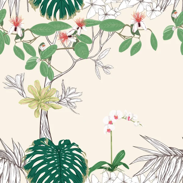 熱帯の植物や白蘭の花 シームレスなパターン ベクトルの図 柔らかい黄色の背景 デザインの概要を説明 — ストックベクタ