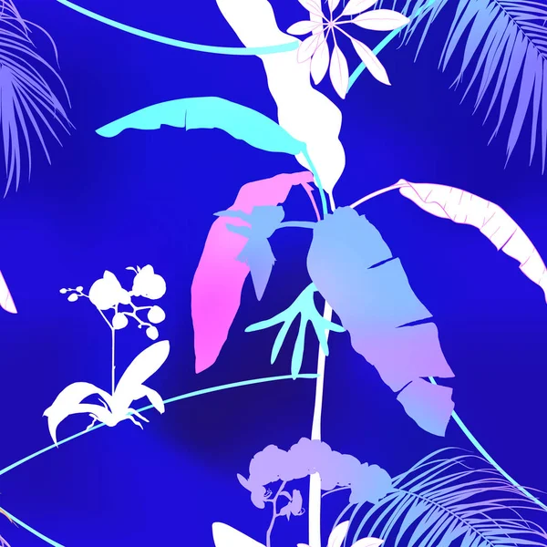 Tropik Bitkiler Beyaz Orkide Çiçekler Dikişsiz Desen Arka Plan Neon — Stok Vektör