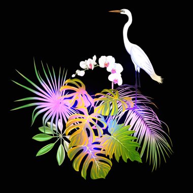 Tropik bitkiler, palmiye yaprakları, canavarlar ve botanik beyaz heron ile beyaz orkide bileşimi neon, floresan renkler renkli vektör çizim tarzı. Siyah arka plan üzerine izole.