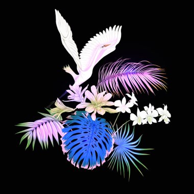 Tropik bitkiler, palmiye yaprakları, canavarlar ve botanik beyaz heron ile beyaz orkide bileşimi neon, floresan renkler renkli vektör çizim tarzı. Siyah arka plan üzerine izole.