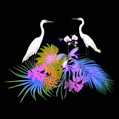 Tropik bitkiler, palmiye yaprakları, canavarlar ve botanik beyaz heron ile beyaz orkide bileşimi neon, floresan renkler renkli vektör çizim tarzı. Siyah arka plan üzerine izole.