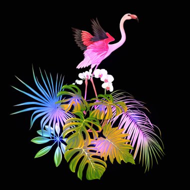 Tropik bitkiler, palmiye yaprakları, canavarlar ve flamingo Botanik ile beyaz orkide bileşimi neon, floresan renkler renkli vektör çizim tarzı. Siyah arka plan üzerine izole.