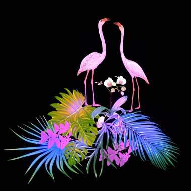 Tropik bitkiler, palmiye yaprakları, canavarlar ve flamingo Botanik ile beyaz orkide bileşimi neon, floresan renkler renkli vektör çizim tarzı. Siyah arka plan üzerine izole.