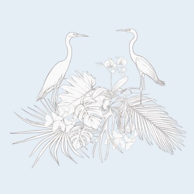 Tropikal bitki kompozisyonu, palmiye yaprakları, canavarlar ve botanik tarzında beyaz heron ile beyaz orkide. Vektör çizim çizim el anahat. Vintage mavi ve bej renklerini.