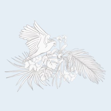 Tropikal bitki kompozisyonu, palmiye yaprakları, canavarlar ve Kakadu papağan botanik tarzı ile beyaz orkide. Vektör çizim çizim el anahat. Vintage mavi ve bej renklerini.