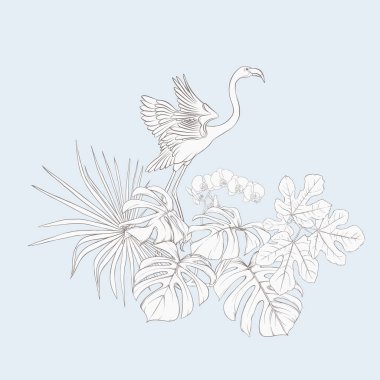 Bir kompozisyon tropik bitkilerin yaprak, canavarlar ve flamingo botanik tarzı ile beyaz orkide palm / el vektör çizim çizimi anahat. Vintage mavi ve bej renklerini.