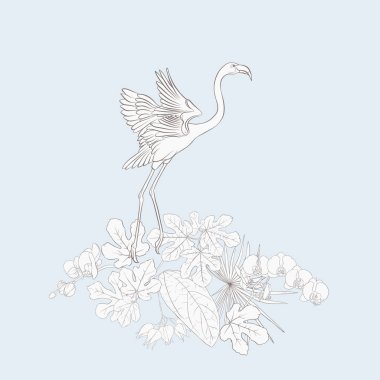 Bir kompozisyon tropik bitkilerin yaprak, canavarlar ve flamingo botanik tarzı ile beyaz orkide palm / el vektör çizim çizimi anahat. Vintage mavi ve bej renklerini.