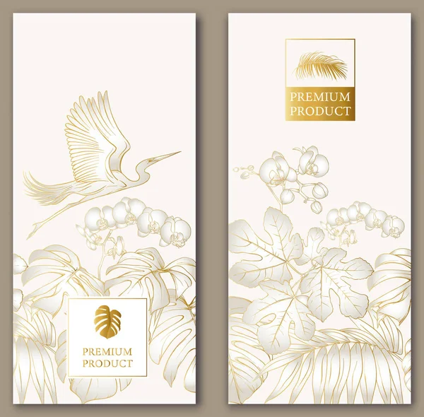 一套两个模板的标签 为高档产品或卡 横幅与热带植物 兰花和鸟类 轮廓手绘矢量插图 在黄金和白色 — 图库矢量图片
