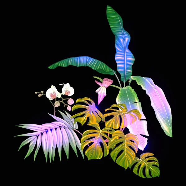 Skład Tropikalnych Roślin Liści Palmowych Potwory Białe Storczyki Botanicznych Styl — Wektor stockowy
