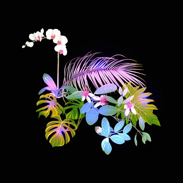 Una Composición Plantas Tropicales Hojas Palma Monstruos Orquídeas Blancas Estilo — Archivo Imágenes Vectoriales