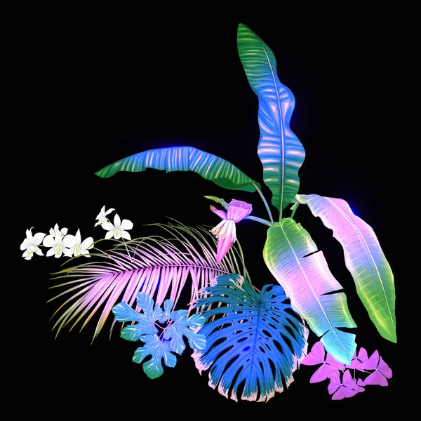 Una Composición Plantas Tropicales Hojas Palma Monstruos Orquídeas Blancas Estilo — Vector de stock