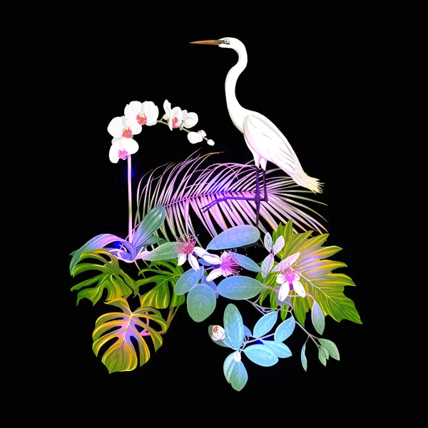熱帯植物やヤシの葉 モンスター 植物園の白鷺と白蘭の組成は ネオン 蛍光色でカラーのベクトル図をスタイルします 黒の背景に分離 — ストックベクタ
