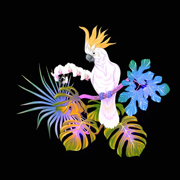 Une Composition Plantes Tropicales Feuilles Palmier Monstres Orchidées Blanches Avec — Image vectorielle