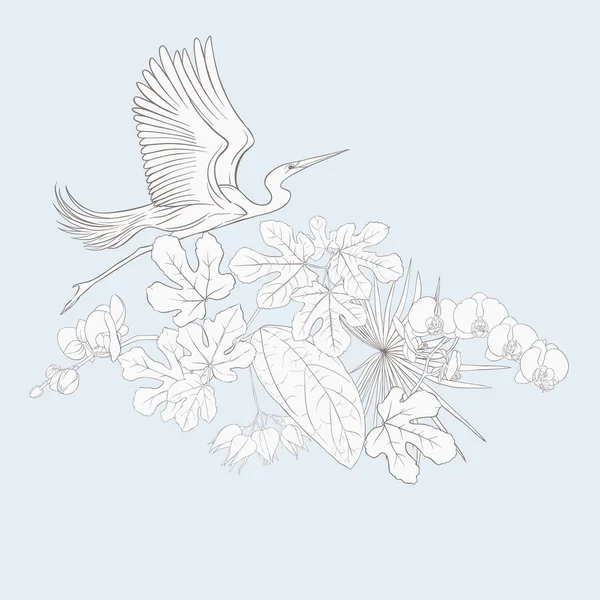 Tropikal bitki kompozisyonu, palmiye yaprakları, canavarlar ve botanik tarzında beyaz heron ile beyaz orkide. Vektör çizim çizim el anahat. Vintage mavi ve bej renklerini.