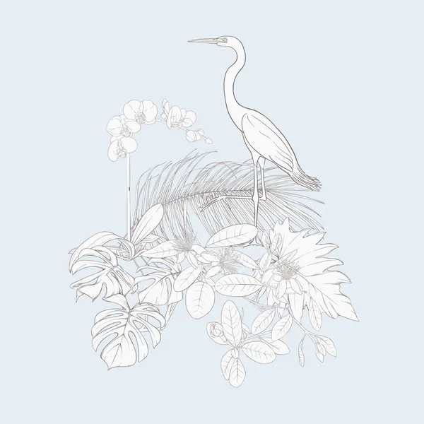 Tropikal bitki kompozisyonu, palmiye yaprakları, canavarlar ve botanik tarzında beyaz heron ile beyaz orkide. Vektör çizim çizim el anahat. Vintage mavi ve bej renklerini.