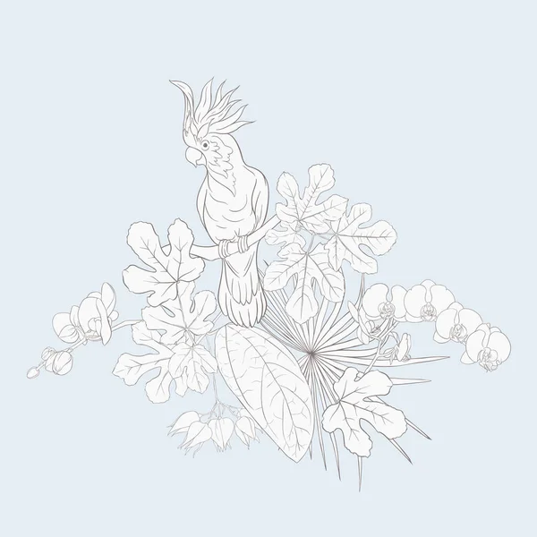 Una Composición Plantas Tropicales Hojas Palma Monstruos Orquídeas Blancas Con — Archivo Imágenes Vectoriales