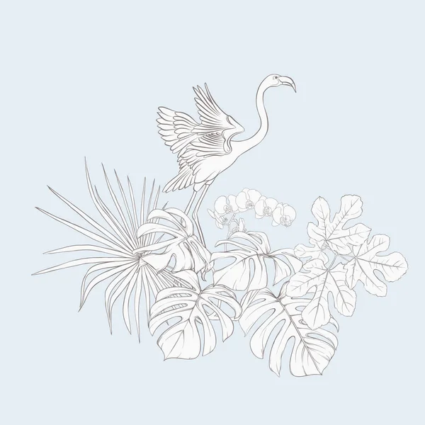 Bir kompozisyon tropik bitkilerin yaprak, canavarlar ve flamingo botanik tarzı ile beyaz orkide palm / el vektör çizim çizimi anahat. Vintage mavi ve bej renklerini.