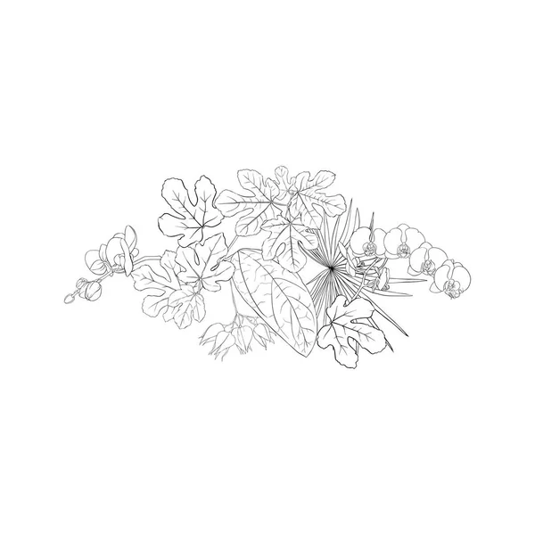 Μια Σύνθεση Από Τροπικά Φυτά Φύλλα Φοινίκων Τέρατα Και Λευκές — Διανυσματικό Αρχείο