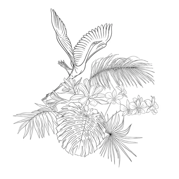 Состав Тропических Растений Пальмовых Листьев Монстров Белых Орхидей Белой Цаплей — стоковый вектор