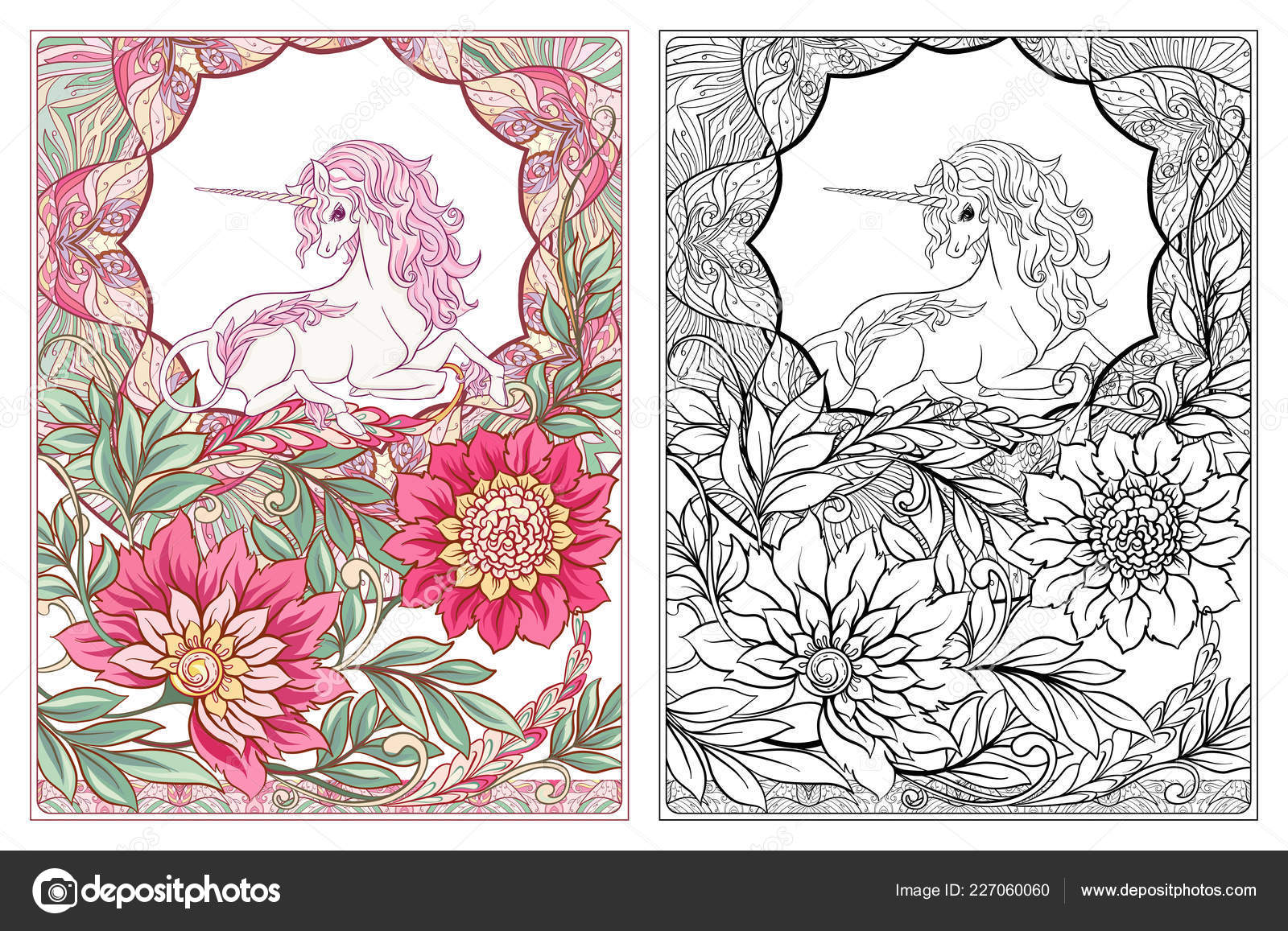 Unicorn Vintage Frame Flowers Vector Illustration Art Nouveau