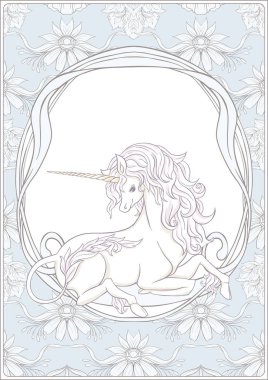 Tek boynuzlu at ve harika vintage çiçekler. Vektör çizim. Art nouveau tarzında, vintage, vintage mavi ve bej renklerini eski, retro tarzında.