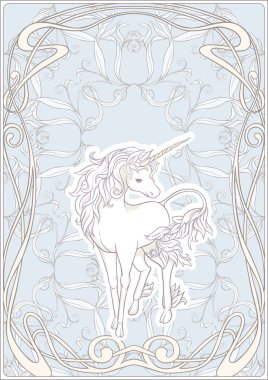 Tek boynuzlu at ve harika vintage çiçekler. Vektör çizim. Art nouveau tarzında, vintage, vintage mavi ve bej renklerini eski, retro tarzında.