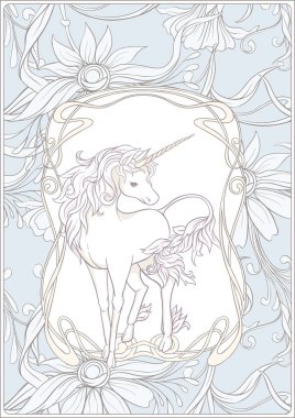 Tek boynuzlu at ve harika vintage çiçekler. Vektör çizim. Art nouveau tarzında, vintage, vintage mavi ve bej renklerini eski, retro tarzında.