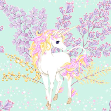 Seamless modeli, tek boynuzlu at ve fantsatic çiçekler ve glitter arka plan. Vektör çizim. Yumuşak pastel renklerle.