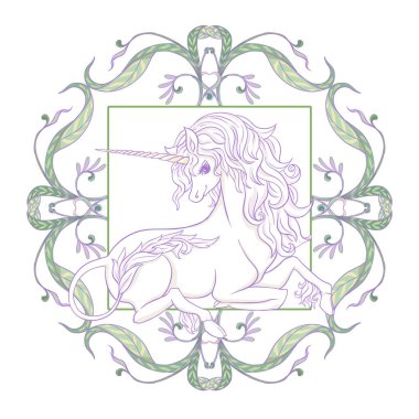 Tek boynuzlu at ve harika vintage çerçeve ve çiçekler. Vektör çizim. Art nouveau tarzında, vintage, ışık ultra violet pastel renkler beyaz arka plan üzerinde eski, retro tarzında.