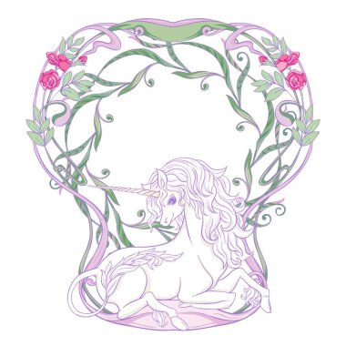 Tek boynuzlu at ve harika vintage çerçeve ve çiçekler. Vektör çizim. Art nouveau tarzında, vintage, ışık ultra violet pastel renkler beyaz arka plan üzerinde eski, retro tarzında.