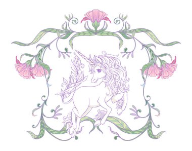 Tek boynuzlu at ve harika vintage çerçeve ve çiçekler. Vektör çizim. Art nouveau tarzında, vintage, ışık ultra violet pastel renkler beyaz arka plan üzerinde eski, retro tarzında.