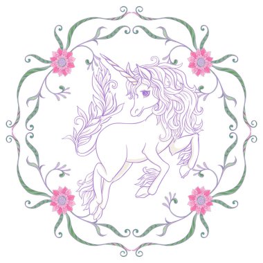 Tek boynuzlu at ve harika vintage çerçeve ve çiçekler. Vektör çizim. Art nouveau tarzında, vintage, ışık ultra violet pastel renkler beyaz arka plan üzerinde eski, retro tarzında.